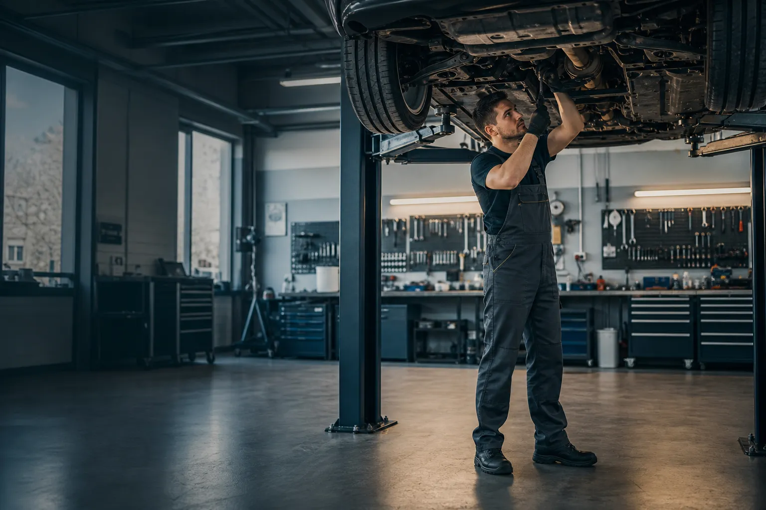 Kfz-Mechaniker in einer modernen Werkstatt am Auto